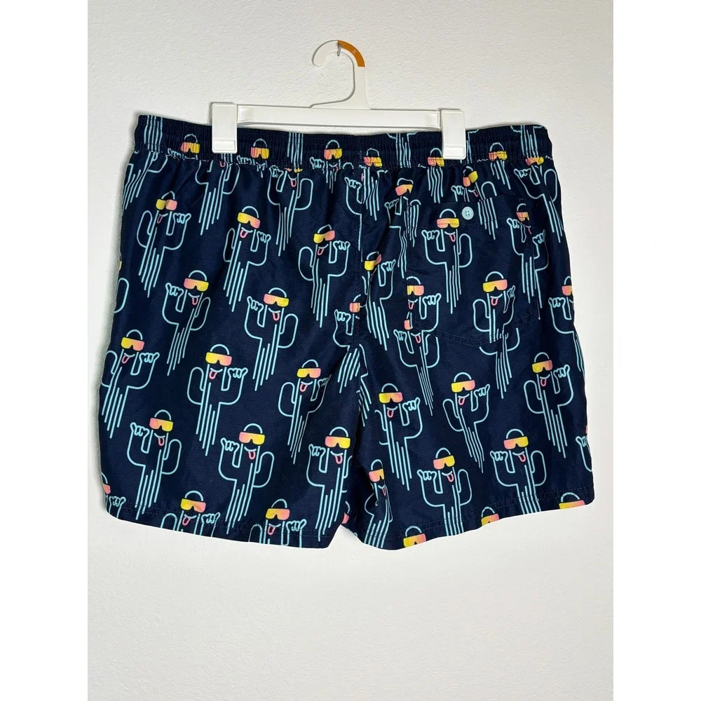 No Boundaries Mens XL Cactus Print Swim Trunks Navy Blue Neon‎ Sunglasses Mesh